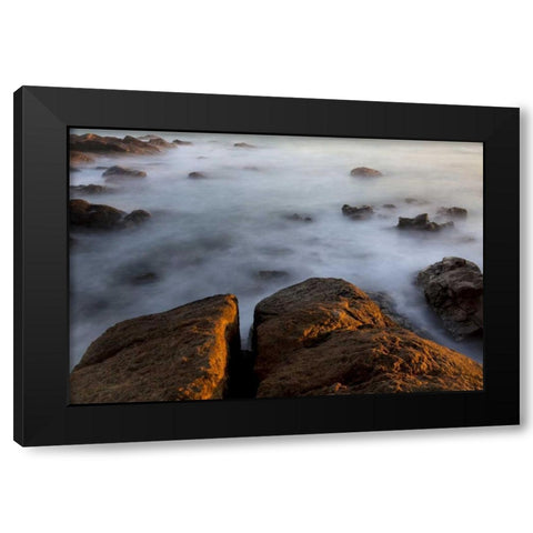South Africa Sunset on ocean and shore rocks Black Modern Wood Framed Art Print by Young, Bill