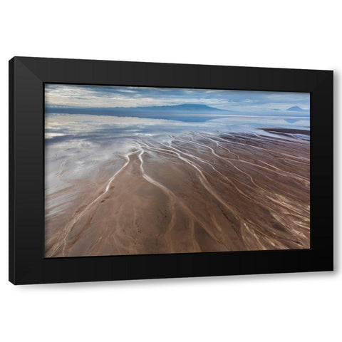 Africa-Tanzania-Aerial view of streams winding along shore and distant Ol Doinyo Lengai volcano Black Modern Wood Framed Art Print with Double Matting by Souders, Paul