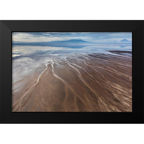 Africa-Tanzania-Aerial view of streams winding along shore and distant Ol Doinyo Lengai volcano Black Modern Wood Framed Art Print by Souders, Paul