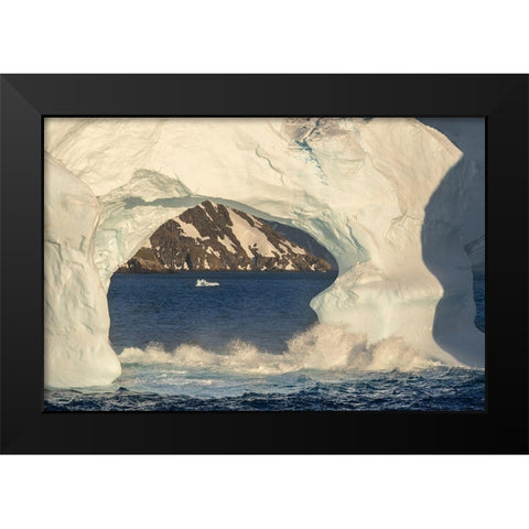 Antarctica-South Georgia Island-Coopers Bay Iceberg arch and mountains at sunrise  Black Modern Wood Framed Art Print by Jaynes Gallery