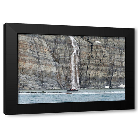 Zodiac approaching waterfall and king penguins on the beach-Gold Harbour-South Georgia-Antarctica Black Modern Wood Framed Art Print by Su, Keren