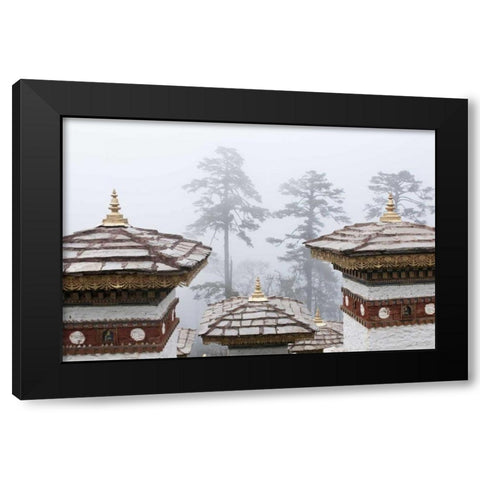 Bhutan, Dochu La Chortens and trees in fog Black Modern Wood Framed Art Print by Kirkland, Dennis
