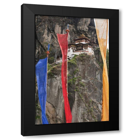 Bhutan Prayer flags hang near Taktshang Black Modern Wood Framed Art Print by Kirkland, Dennis