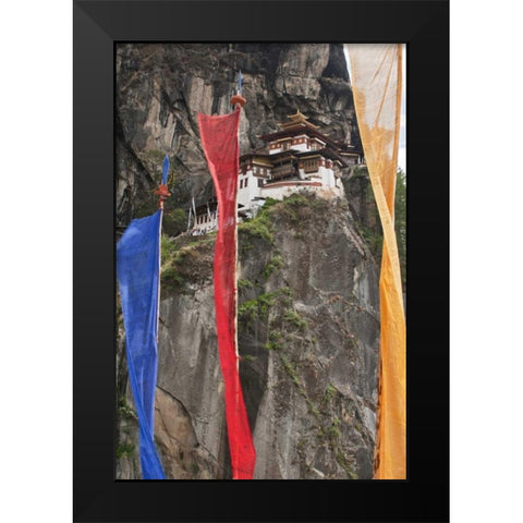 Bhutan Prayer flags hang near Taktshang Black Modern Wood Framed Art Print by Kirkland, Dennis