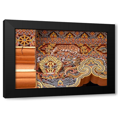 Bhutan Traditional hand painted and carved wooden architectural detail with tiger and dragon Black Modern Wood Framed Art Print by Hopkins, Cindy Miller