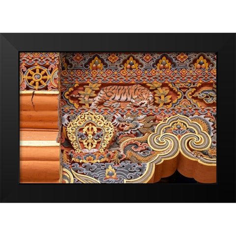Bhutan Traditional hand painted and carved wooden architectural detail with tiger and dragon Black Modern Wood Framed Art Print by Hopkins, Cindy Miller
