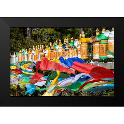 Bhutan-Paro Colorful prayer wheels and flags along the hiking trail to the Tigers Nest Monastery Black Modern Wood Framed Art Print by Hopkins, Cindy Miller