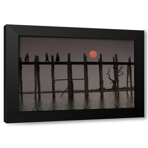 Myanmar, Amarapura Monks crossing U Bein Bridge Black Modern Wood Framed Art Print by Zuckerman, Jim