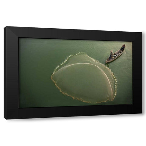 Myanmar, Fisherman casting net on Irrawaddy River Black Modern Wood Framed Art Print by Zuckerman, Jim