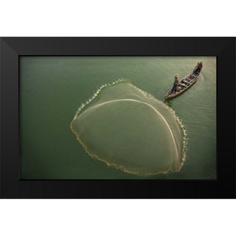 Myanmar, Fisherman casting net on Irrawaddy River Black Modern Wood Framed Art Print by Zuckerman, Jim