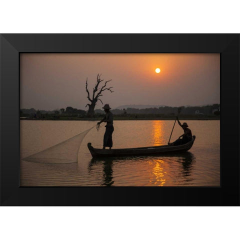 Myanmar, Amarapura Fishermen on Irrawaddy River Black Modern Wood Framed Art Print by Zuckerman, Jim