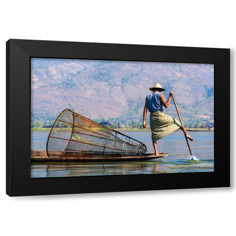 Inlay Lake-Shan State-Myanmar-Fisherman balances between his canoe and pole Black Modern Wood Framed Art Print by Haseltine, Tom