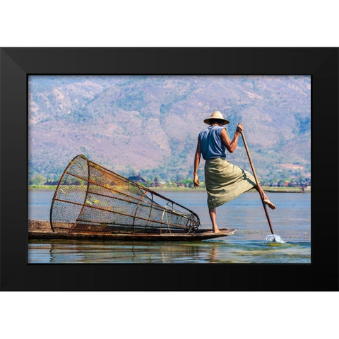 Inlay Lake-Shan State-Myanmar-Fisherman balances between his canoe and pole Black Modern Wood Framed Art Print by Haseltine, Tom