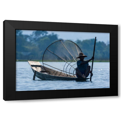 Inlay Lake-Shan State-Myanmar-Fisherman poles his canoe Black Modern Wood Framed Art Print with Double Matting by Haseltine, Tom