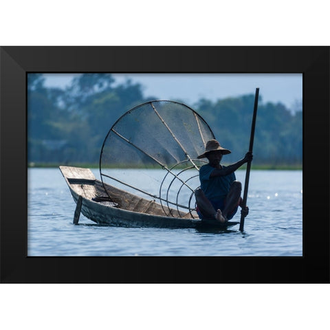 Inlay Lake-Shan State-Myanmar-Fisherman poles his canoe Black Modern Wood Framed Art Print by Haseltine, Tom