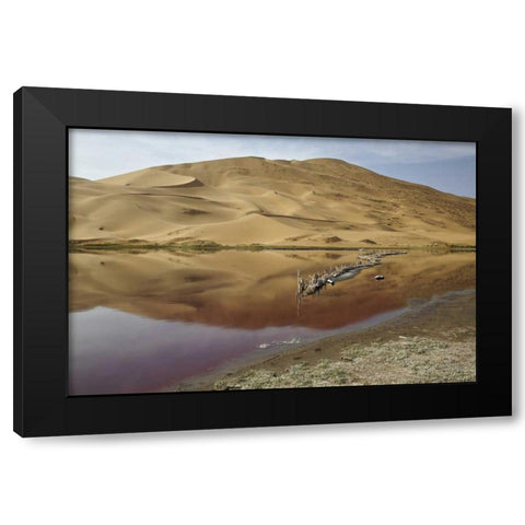 China, Badain Jaran Desert Dune reflects in lake Black Modern Wood Framed Art Print with Double Matting by Anon, Ellen