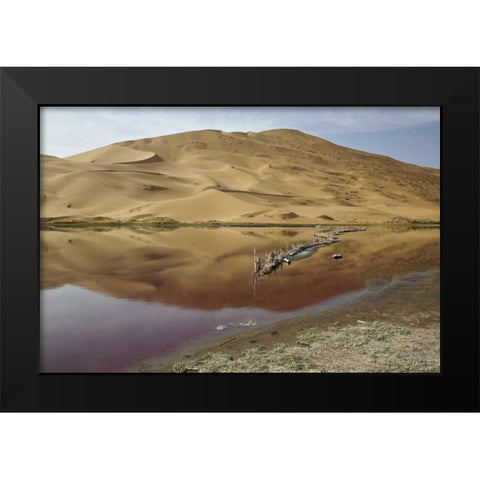 China, Badain Jaran Desert Dune reflects in lake Black Modern Wood Framed Art Print by Anon, Ellen