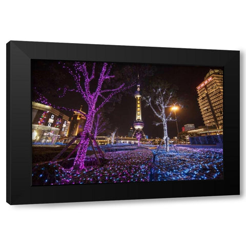 China, Shanghai Artistic light display at night Black Modern Wood Framed Art Print with Double Matting by Zuckerman, Jim