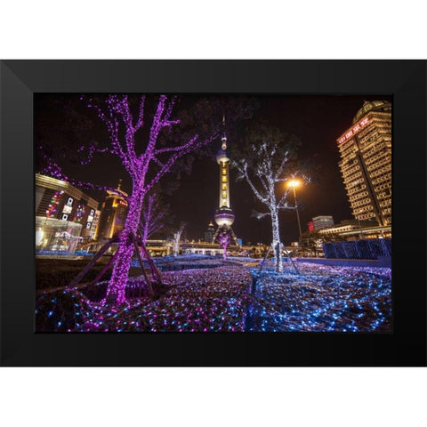 China, Shanghai Artistic light display at night Black Modern Wood Framed Art Print by Zuckerman, Jim