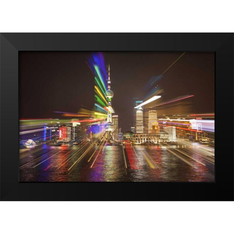 China, Shanghai Downtown buildings at night Black Modern Wood Framed Art Print by Zuckerman, Jim