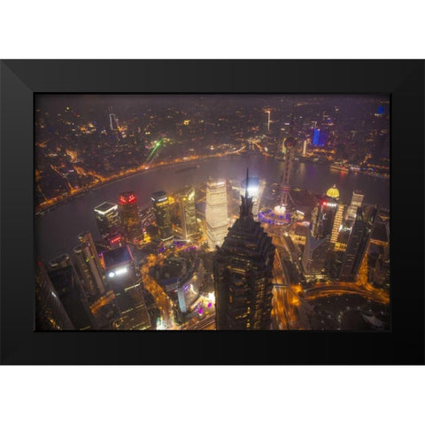 China, Shanghai Downtown buildings at night Black Modern Wood Framed Art Print by Zuckerman, Jim