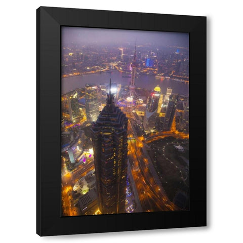 China, Shanghai Downtown buildings at night Black Modern Wood Framed Art Print by Zuckerman, Jim