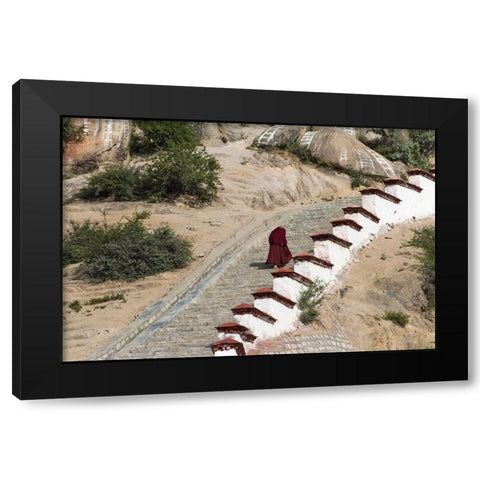 Monk walking the stairs in Drepung Monastery-Gelug university monasteries of Tibet-Lhasa-Tibet-China Black Modern Wood Framed Art Print with Double Matting by Su, Keren