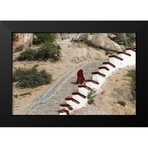 Monk walking the stairs in Drepung Monastery-Gelug university monasteries of Tibet-Lhasa-Tibet-China Black Modern Wood Framed Art Print by Su, Keren