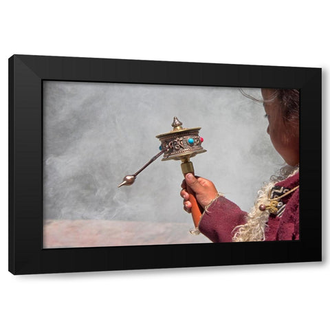 Tibetan girl-prayer wheel-Drepung Monastery-Gelug university monasteries of Tibet-Lhasa-Tibet-China Black Modern Wood Framed Art Print by Su, Keren