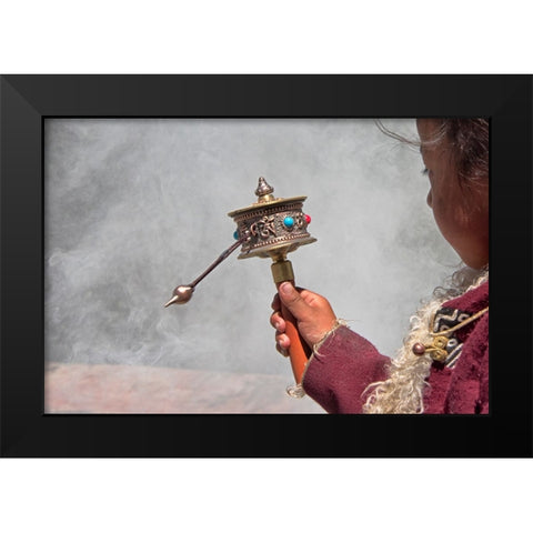 Tibetan girl-prayer wheel-Drepung Monastery-Gelug university monasteries of Tibet-Lhasa-Tibet-China Black Modern Wood Framed Art Print by Su, Keren