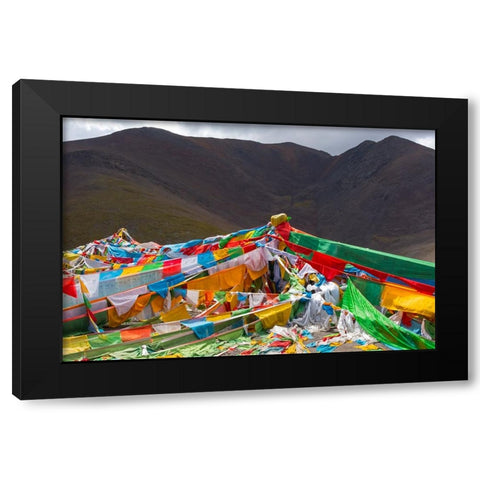 Prayer flags on Tibetan Plateau with Tanggula Mountain-Namtso-Lake Nam-Tibet-China Black Modern Wood Framed Art Print by Su, Keren
