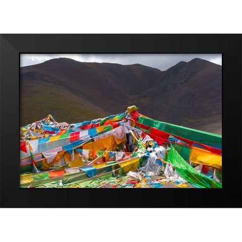 Prayer flags on Tibetan Plateau with Tanggula Mountain-Namtso-Lake Nam-Tibet-China Black Modern Wood Framed Art Print by Su, Keren
