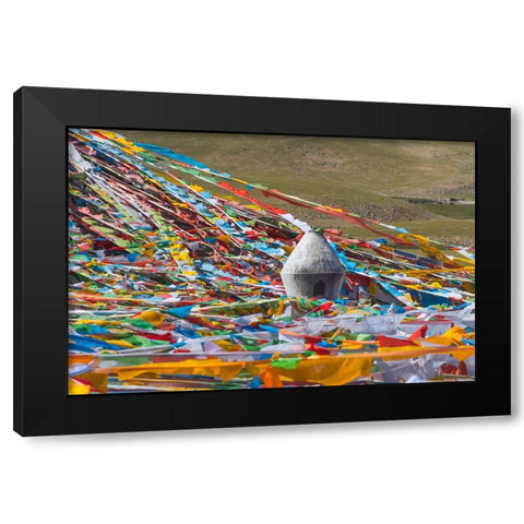 Prayer flags with juniper incense burner on Tibetan Plateau-Namtso-Lake Nam-Tibet-China Black Modern Wood Framed Art Print by Su, Keren