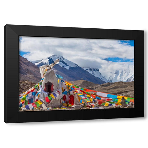 Mani pile and prayer flags in Rongbuk Valley-Lhotse peak-Mt-Everest-Shigatse Prefecture-Tibet-China Black Modern Wood Framed Art Print by Su, Keren