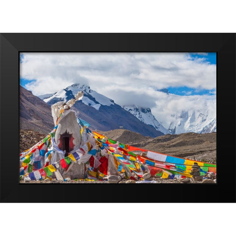 Mani pile and prayer flags in Rongbuk Valley-Lhotse peak-Mt-Everest-Shigatse Prefecture-Tibet-China Black Modern Wood Framed Art Print by Su, Keren