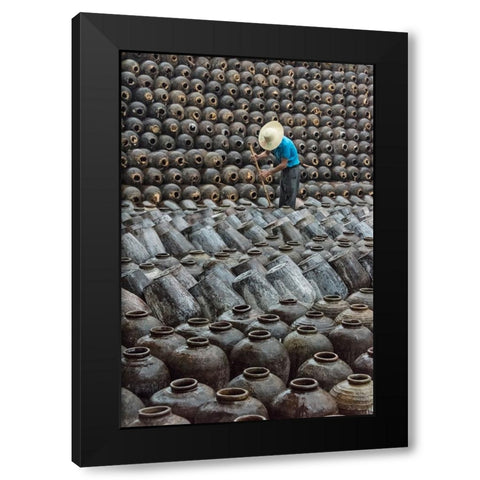 Man in the middle of big pile of wine jars-Wuxi-Jiangsu Province-China Black Modern Wood Framed Art Print with Double Matting by Su, Keren