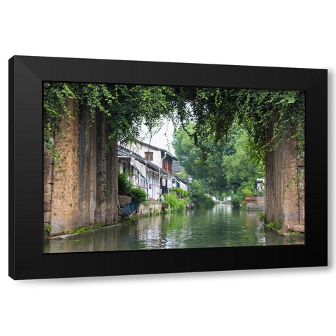 Stone bridge and traditional houses on the Grand Canal-Shaoxing-Zhejiang Province-China Black Modern Wood Framed Art Print with Double Matting by Su, Keren