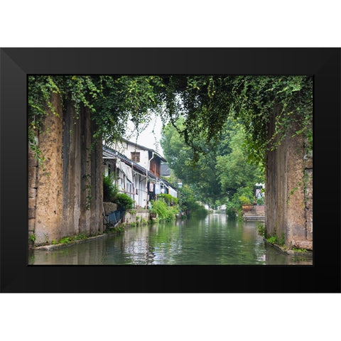 Stone bridge and traditional houses on the Grand Canal-Shaoxing-Zhejiang Province-China Black Modern Wood Framed Art Print by Su, Keren