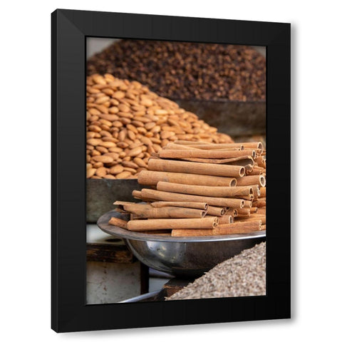 India-Delhi-Old Delhi Old Delhi street market Mixed nuts-spices and cinnamon sticks Black Modern Wood Framed Art Print with Double Matting by Hopkins, Cindy Miller