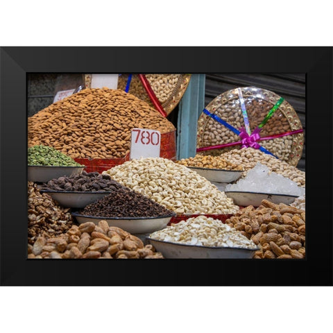 India-Delhi-Old Delhi Old Delhi street market Assorted nuts-spices and snacks Black Modern Wood Framed Art Print by Hopkins, Cindy Miller
