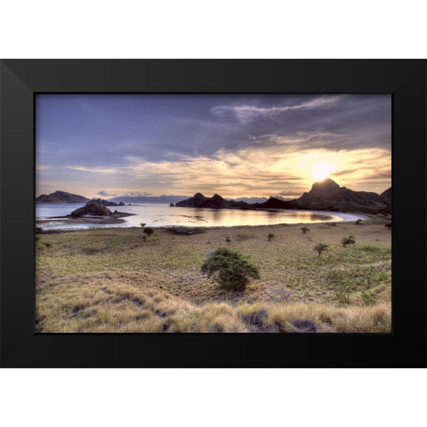 Indonesia, Komodo NP Sunset over an islands Black Modern Wood Framed Art Print by Shimlock, Jones