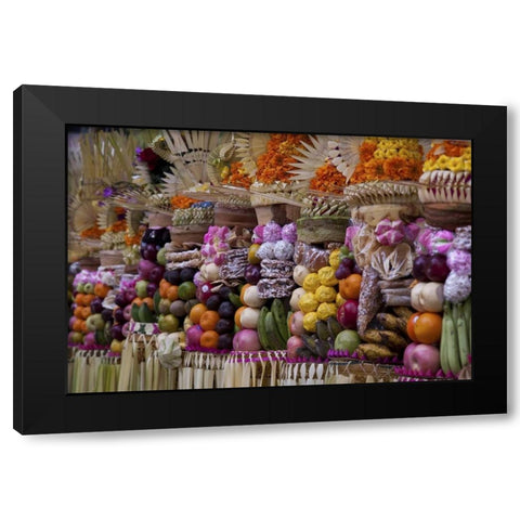 Indonesia, Offerings at Pura Samuan Tiga temple Black Modern Wood Framed Art Print by Shimlock, Jones