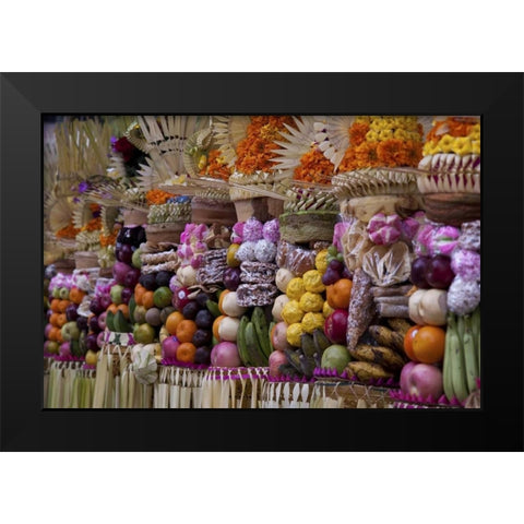 Indonesia, Offerings at Pura Samuan Tiga temple Black Modern Wood Framed Art Print by Shimlock, Jones