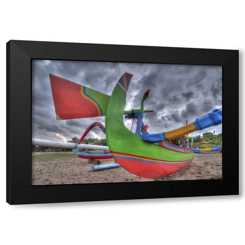 Indonesia, Bali Outrigger boats on beach Black Modern Wood Framed Art Print by Shimlock, Jones