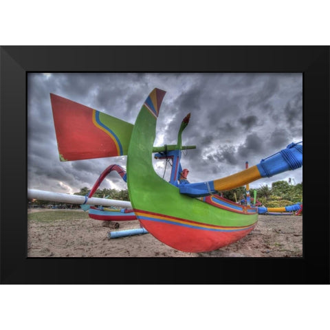Indonesia, Bali Outrigger boats on beach Black Modern Wood Framed Art Print by Shimlock, Jones