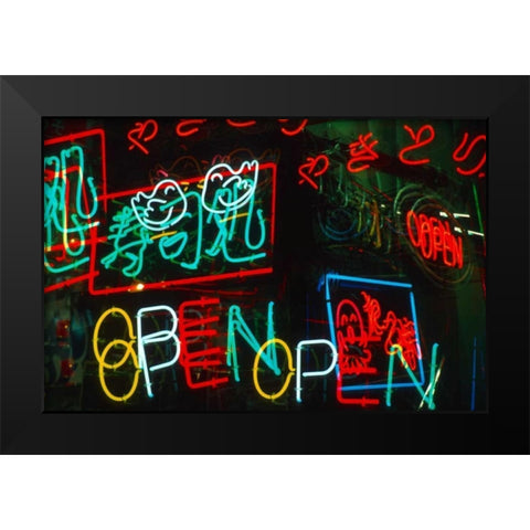 Japan, Osaka Neon signs for sale in the market Black Modern Wood Framed Art Print by Ross, Nancy ,  Steve
