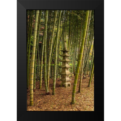 A tall pagoda statue in the center of a tall bamboo grove-Akebonoyama Park-Japan Black Modern Wood Framed Art Print by Haddad, Sheila