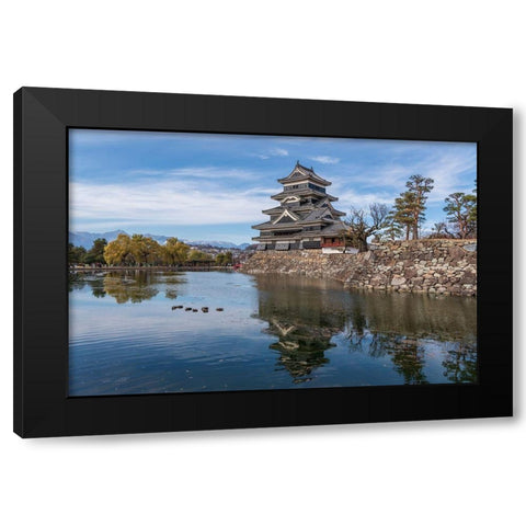 The reflection of the Matsumoto Castle and the castle against the mountain backdrop in Japan Black Modern Wood Framed Art Print by Haddad, Sheila
