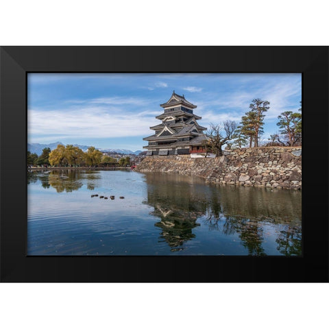 The reflection of the Matsumoto Castle and the castle against the mountain backdrop in Japan Black Modern Wood Framed Art Print by Haddad, Sheila