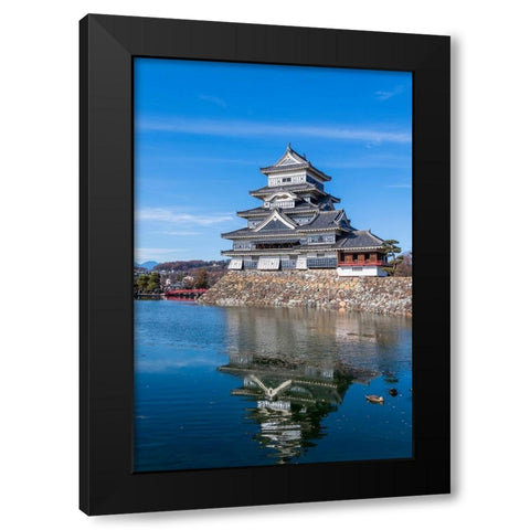 The Matsumoto Castle as seen from the bridge with the city buildings in the background-Japan Black Modern Wood Framed Art Print by Haddad, Sheila
